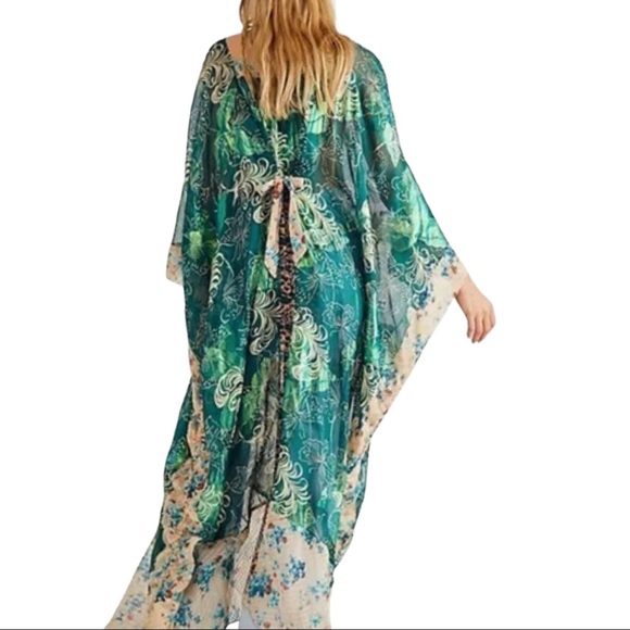 Anna Sui x Free People Upcycle Kaftan S/M Teal Floral Silk Maxi Kimono Top USA - Picture 4 of 8